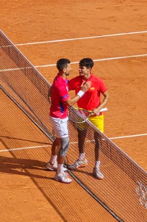 알카라스와 노바크 조코비치는 남자 단식 결승전 후의 모습 (2024년 하계 올림픽)