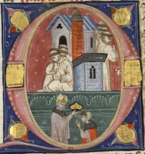 헤라클리우스가 시빌에게 왕관을 씌워주고, 나블루스에서 온 수도사들이 그들을 감시하고 있다