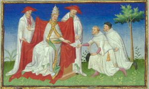 마르코 폴로의 아버지와 삼촌이 1271년 쿠빌라이 칸의 편지를 교황 그레고리오 10세에게 전달하는 모습