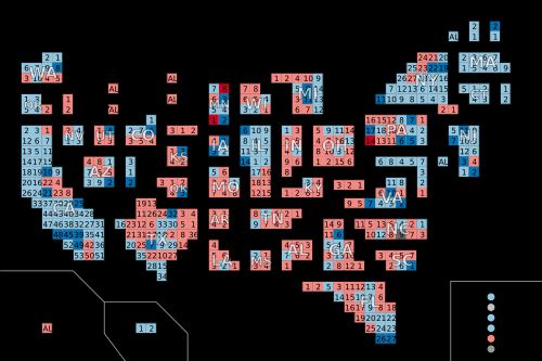 2018년 미국 하원 선거 결과 카토그램. 파란색은 민주당, 빨간색은 공화당이 획득하거나 유지한 의석을 나타낸다.