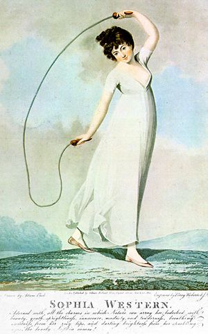 하단 캡션:SOPHIA WESTERN:"자연이 그녀에게 입힐 수 있는 모든 매력으로 치장하고, 아름다움, 젊음, 생기, 순수함, 겸손함, 부드러움으로 장식되어, 장밋빛 입술에서 달콤함을 뿜어내고 반짝이는 눈에서 밝음을 발산하며, 사랑스러운 소피아가 다가옵니다!"이것은 소설의 여주인공을 묘사하지만, 1749년의 역사적으로 정확한 후프 스커트가 아닌 1800년대 최신 유행을 보여줍니다. - 1749년의 의상 스타일 (그리고 하이힐)로는 줄넘기를 뛰는 것은 매우 어려웠을 것입니다...그림 속 그녀의 옷이 흐트러진 것은 캡션의 "겸손"이라는 단어와 모순되게 하려는 의도가 아니라 격렬한 신체 활동의 우발적이고 의도하지 않은 결과로 이해되어야 했습니다.