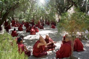 승려들이 오후 명상 후 토론 기술을 연습하는 모습, 세라 사원