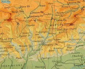 동부 부탄과 타왕 지역을 포함하는 모뉼 지역(인도 측량국, 1936)