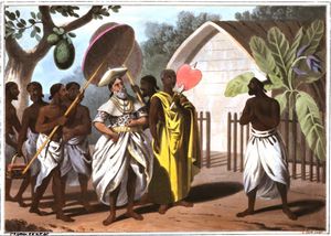 "칸디 디사바와 부도 승려", 존 데이비(1821)의 그림으로, 칸디 원주민 추장/행정관과 불교 승려를 묘사.