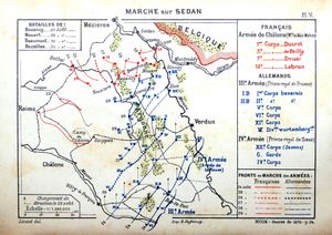 8월 23일부터 29일까지 프랑스군과 독일군의 이동. 적색: 프랑스군, 청색: 독일군