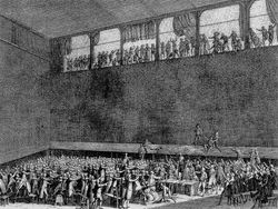 장 루이 프리외의 그림을 바탕으로 피에르 가브리엘 베르토가 제작한 구리 판화(1789). 대표자들은 프랑스에 새로운 헌법을 부여할 때까지 떠나지 않겠다고 맹세했다.