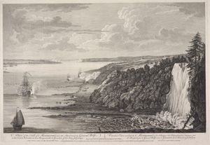 1759년 7월 31일, 제너럴 울프(General Wolfe)가 보포(Beauport) 근처 프랑스 참호에서 군대의 척탄병과 함께 공격하는 모습과 몽모렌시 폭포의 모습. 울프의 부관이었던 허비 스미스(Hervey Smith) 대위가 목격한 장면.