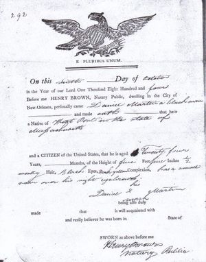 1804년 10월 6일 뉴올리언스에서 다니엘 마틴에게 발급된 선원의 보호 증명서
