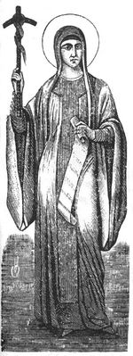 성녀 니노가 두루마리와 포도나무 십자가를 들고 있는 모습