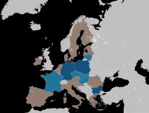 주권 국가들의 유럽은 8개 회원국에 유럽 의회 의원을 두고 있다. 짙은 파란색은 여러 명의 유럽 의회 의원을 보내는 회원국을 나타내고, 옅은 파란색은 한 명의 유럽 의회 의원을 보내는 회원국을 나타냅니다.