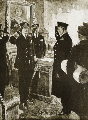 모이러 제독이 데이비드 비티 제독에게 HMS 퀸 엘리자베스에서 공해 함대의 이관 협상에 대해 보고하고 있다.