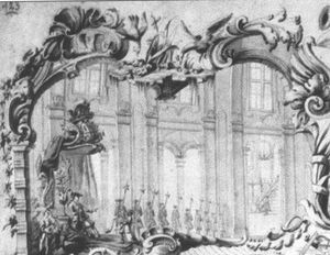 리마 부왕 궁전 내부, 국왕 보병 근위대 할버디어와 부왕의 옥좌. 부왕 마누엘 데 아마트 이 후니엔트(1772–1776) 시대