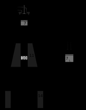 대형 디젤 엔진, 왼쪽에 피스톤 로드(9)가 있는 크로스헤드 타입, 오른쪽에 트렁크 피스톤 타입