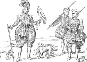 스패니얼과 함께 매사냥을 하는 16세기 그림