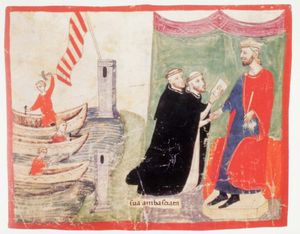 페르 3세는 시칠리아로 떠날 준비를 하고 있다. 국왕은 시칠리아로 항해하지 못하도록 설득하려는 교황 마르티노 4세의 사절인 두 명의 도미니크 수도사로부터 방문을 받는다. 누오바 크로니카.