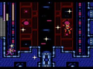 플레이어가 록맨 2에서 퀵맨과 전투하는 모습