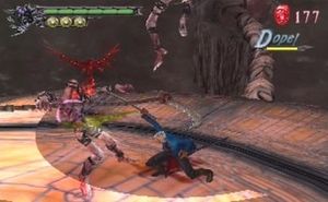 푸른 옷을 입고 칼을 휘두르는 캐릭터