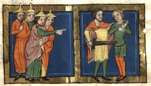 유대인(시대착오적인 유덴후트를 착용)이 에훗이 에글론을 죽이는 것을 기뻐한다; 루돌프 폰 엠스의 벨트크로니크, 14세기 후반