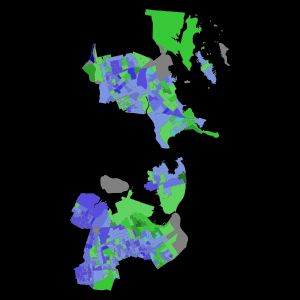 프리신트별 예비 선거 결과 (크롤리 녹색, 오카시오코르테스 파란색)