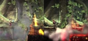 첫 번째 게임(왼쪽)의 게임 엔진은 조명 및 입자 시스템 개선을 포함하여 속편(오른쪽)을 위해 주요 개선을 거쳤습니다.