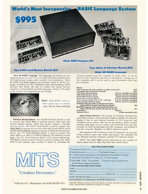 1975년 8월, 8KB 메모리와 앨테어 BASIC을 탑재한 앨테어 8800 키트는 단돈 995달러였다.