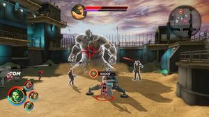 이 스크린샷에서 스타로드, 가모라, 로켓 라쿤과 드랙스는 보스전에서 샌드맨과 싸우고 있다.