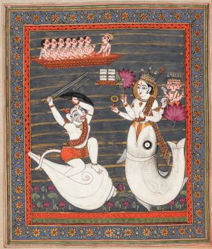 마누가 일곱 명의 현자와 함께 배를 타고 있는 모습(왼쪽 상단). 마츠야가 소라에서 나온 악마와 대결하는 모습. 4개의 베다(Veda) 사본이 비슈누의 얼굴 근처에 묘사되어 있으며, 브라흐마는 마츠야의 오른쪽에 있다.