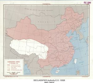 1949년 12월 현재 중국 공산당은 중국 대륙의 전체를 점령했으며, 하이난, 그리고 사실상의 티베트를 제외한 모든 지역을 장악했다.(CIA 지도)