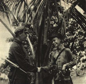 해구 점령 직후, 악수하는 중국 인민해방군 병사(왼쪽)와 하이난섬 공산주의 운동 군 병사(오른쪽)