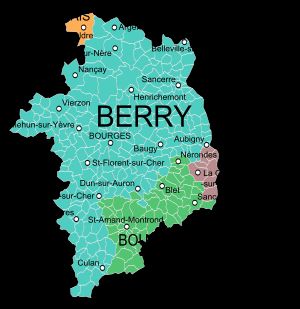 1790년 이전 주(州)로 색상 구분된 셰르 (데파르트망): 베리, 부르보네, 니베르네, 오를레아네