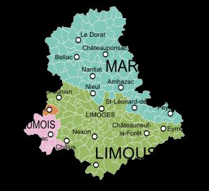 1790년 이전의 주로 색칠된 오트비엔주의 지도. 리무쟁, 라 마르슈, 앙구무아, 푸아투로 구성