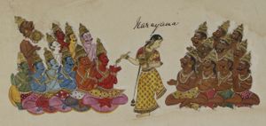 모히니가 데바에게 암리타를 분배하는 모습(왼쪽), 아수라들이 지켜보고 있다