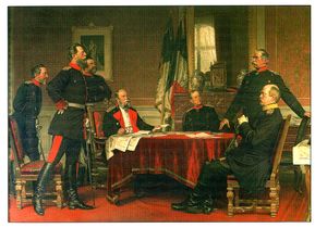 1870년 파리 포위전 당시 베르사유에 설치된 대본영. 오른쪽에 서 있는 인물이 론이다. 테이블에는 오른쪽부터 참모총장 몰트케 대장, 국왕 빌헬름 1세, 황태자 프리드리히, 재상 비스마르크가 있다.