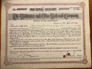 1906년 볼티모어 & 오하이오 철도의 제임스 스틸먼에게 발행된 분할 영장 증서