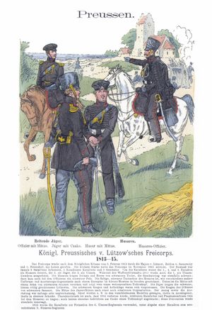 자유군단의 제복: 기병 예거와 훌란. 리하르트 쾨텔의 제복학 삽화