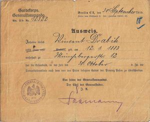 1919년 독일군이 폴란드에 할양된 포젠 영토에 들어갈 수 있도록 허가하는 문서.