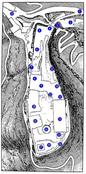 바르트부르크 성 지도: (1) 접근 램프, (2) 요새, (3) 도개교, (4) Torhaus (바비칸), (5) Ritterhaus, (6) Vogtei와 첫 번째 안뜰, (7) Margarethengang, (8) Dirnitzlaube, (9) 내부 문루, (10) Neue Kemenate, (11) 계단, (12) Bergfried, (13) Palas, (14) Ritterbad, (15) Gadem, (16) 물탱크가 있는 두 번째 안뜰, (17) Südturm, (18) 남쪽 성벽, (19) 채소밭, (20) 사령관 정원, (21) Elisabethengang, (22) Hotel auf der Wartburg