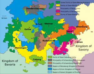 1918년까지의 튀링겐 국가와 수도1918-1920년 자유 국가; 1920년부터 튀링겐으로 통합