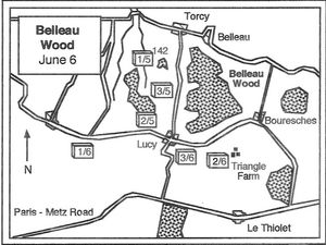 1918년 6월 6일 벨로 숲과 주변 지역의 미국 해병대 위치
