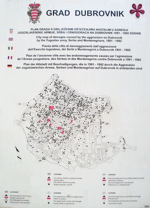 유고 인민군의 포격으로 피해를 입은 지역을 표시한 지도