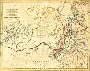 1768년 지도, 뉴 앨비언과 나중에 브리티시 컬럼비아와 알래스카에 해당하는 섬 사이의 후안 데 푸카 해협을 북서 항로의 입구로 표시함