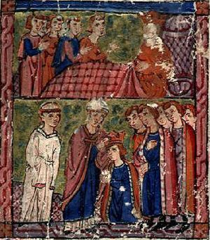 1280년판 티레의 윌리엄의 Outremer의 역사에서 발두인 4세의 죽음과 발두인 5세의 대관식