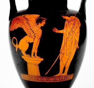 오이디푸스와 스핑크스를 묘사한 그리스 암포라