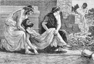 굶주린 파우사니아스가 성소에서 끌려나오는 모습