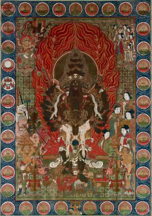 붓다에게 도전한 야크샤 Āṭavaka의 그림