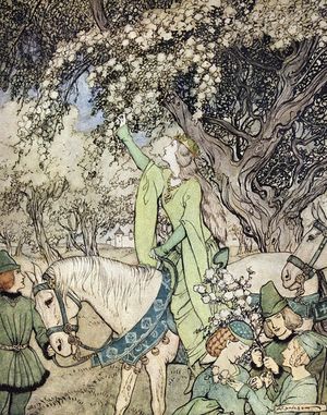 말리가트에게 납치되기 전의 장면: "기네비어 여왕이 웨스트민스터 근처의 숲과 들판에서 메이잉을 했다."  아서 래컴의 삽화, 토마스 맬러리의 아서 왕의 죽음을 알프레드 W. 폴라드가 요약한 아서 왕의 로맨스(1917)에서 발췌