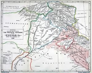 제1차 영국-시크 전쟁 이후 조약에 따른 1846년 펀자브 정치 지도, 조셉 데이비 커닝햄 제작