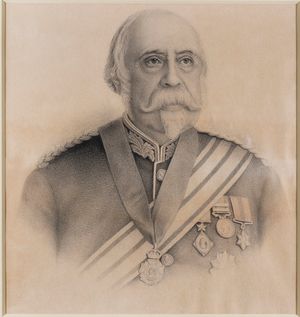 커닝엄의 초상화, C. W. 월튼 작, KCIE 배지를 착용하고 다른 훈장을 보여준다.