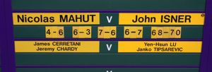 2010년 윔블던 선수권의 존 이스너 VS 니콜라스 마위 전의 스코어보드