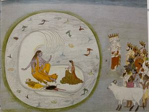 악을 파괴하여 지구의 고통을 덜어달라고 비슈누(아내 락슈미와 함께 뱀 위에 앉아 있음)에게 호소하는 소의 모습으로 표현된 지구 여신과 다른 신들의 모습을 묘사한 바가바타 푸라나의 삽화.